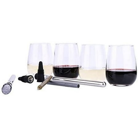 Bella Wine Accessories Sets- Wine Enthusiast Gifts Pack of 10-4 Wine Glasses 2 Stainless Steel Wine Chiller 2 Wine Marker and 2 Wine Stopper. This Wine Drinker Gifts Are Perfect for Any Wine Lover