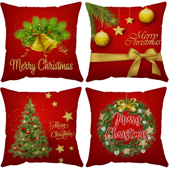 AUQ Merry Christmas Pillow Covers 16X16 Set of 4 Velvet Christmas Pillow Cases Red Green Xmas Winter Holiday Throw Pillow Covers Christmas Tree Cushion Covers for Outdoor Home Bed Sofa Couch
