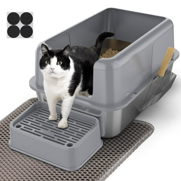 PKBD Stainless Steel Cat Litter Box with Lid, Extra Large Cat Litter Box for Big Cats, High Sided 304 Metal Pan, Anti Leakage, Odor-Free & Easy Cleaning,Included Scoop and Mat (Grey)