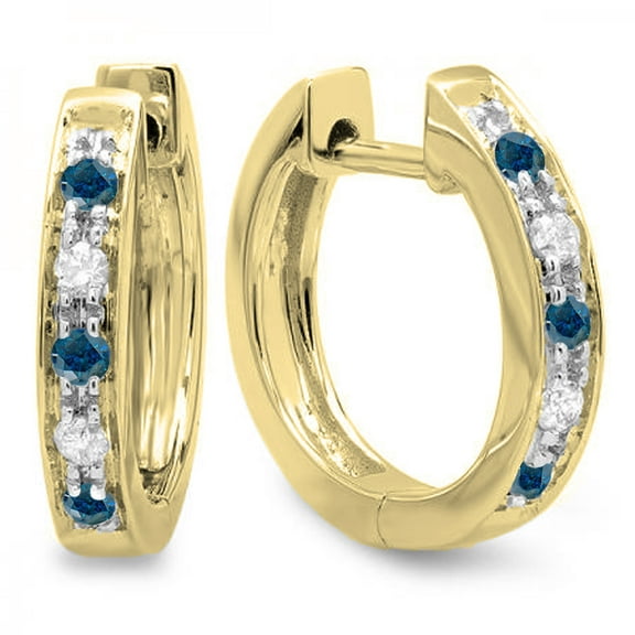 0.15 Carat (ctw) 14K Yellow Gold Round Blue & White Diamond Ladies Huggie Hoop Earrings
