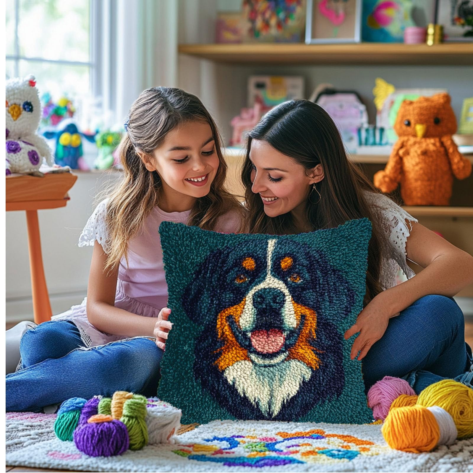DIY Latch Hook Pillow Kits for Adults Bernese Mountain Dog Portrait Printed Pillowcase Crochet Yarns Hooking Handmade Pillow Cover Cushion for Home Sofa Decoration 17x17inch(2)