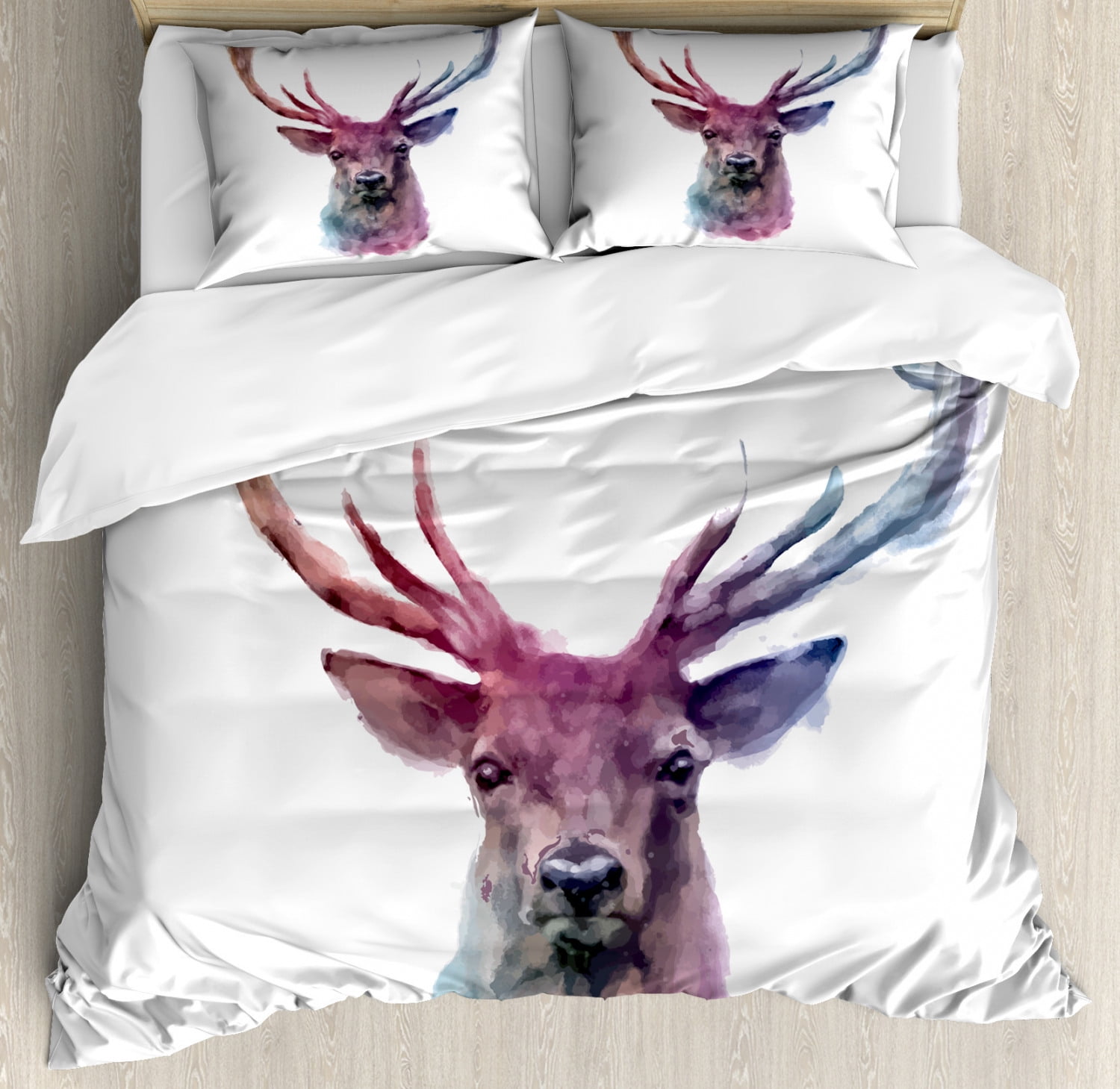 Deer Duvet Cover Set, Illustration of Male Stag with Soft Pale Colors Antlers Wildlife Nature