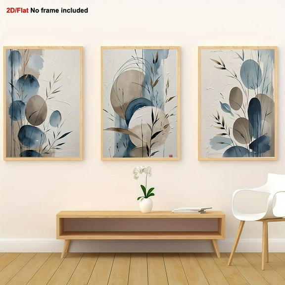 [2D Flat] 3pcs, Fun Canvas Wall Art Set - Minimalist Blue and Beige Abstract Nature Painting, Zen-Inspired Modern Home Decor, Inspirational Watercolor Poster Collection, 2D Flat, Perfect for Room De