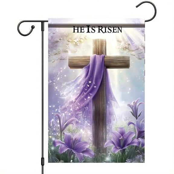 12x18 He Is Risen Religious Garden Flag Christian Cross with Lilies Easter Spring Outdoor Yard Banner for Resurrection Day