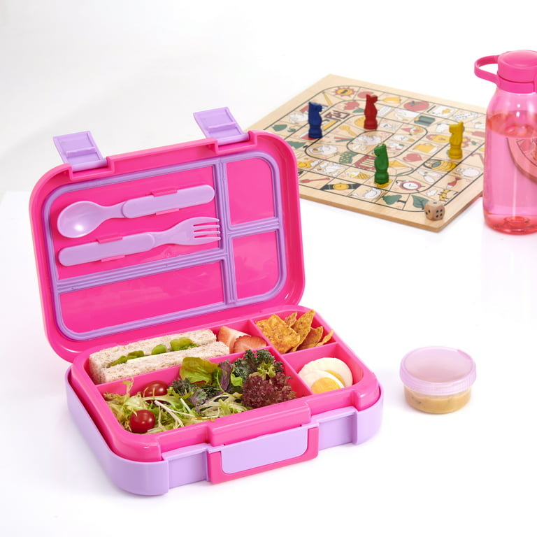 Your Zone BTS Plastic Bento Box with 4 Compartments, 1 Fork, 1 Spoon, 1  Dressing Container, Pink 