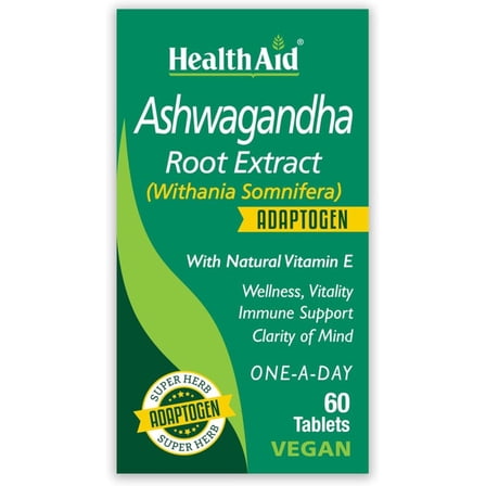 HealthAid Ashwagandha 350 mg Root Extract (Withania Somnifera) Vegan Adaptogen with Vitamin E, Wellness, Vitality, Immune Support, 60 Vegan Tablets