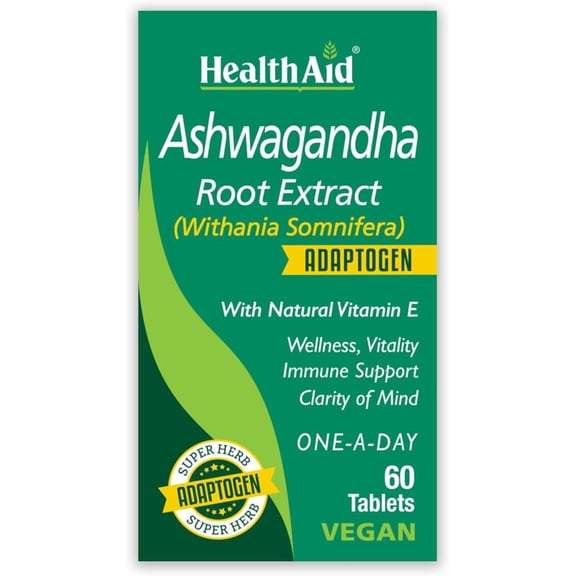 HealthAid Ashwagandha 350 mg Root Extract (Withania Somnifera) Vegan Adaptogen with Vitamin E, Wellness, Vitality, Immune Support, 60 Vegan Tablets