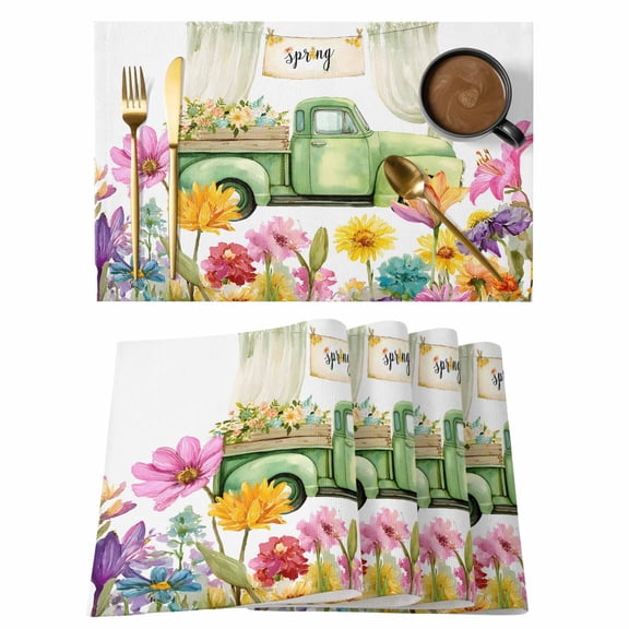 Spring Floral Placemats Set of 6, Oil Painting Flowers Watercolor Farmhouse Green Truck Non-Slip Place Mats Washable Table Mats for Kitchen Dining Table Decorations Indoor/Outdoor