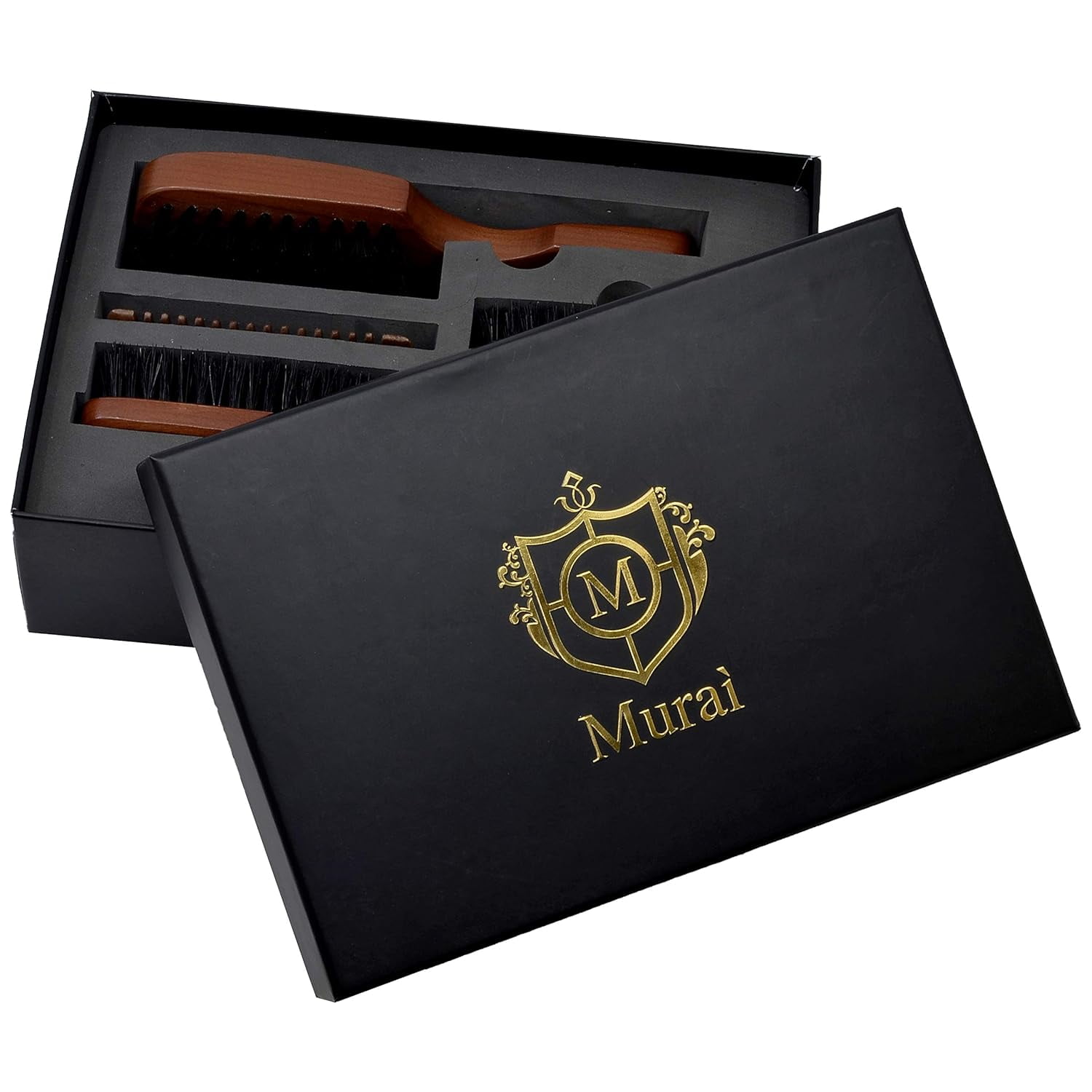 Murai Beard Kit for Men Gift Set GMK1 Mens Beard Grooming Kit - Military Paddle Hair Brush, Large Handle Beard Brush, Pocket Sized Oval Beard Brush, Wood Beard Comb, and Hairbrush Cleaner