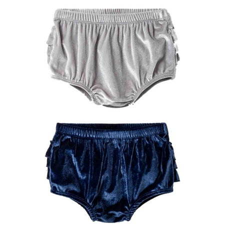Infant Baby Girls Navy Blue and Grey Silver Ruffled Bloomer Shorts 2 Pc Set 3-6m