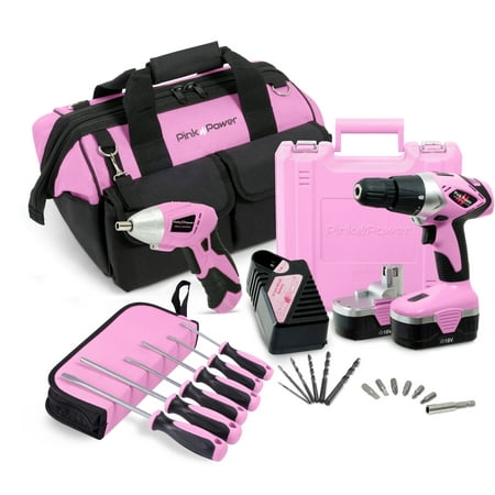 Pink Power Tool Kit with 18V Cordless Drill Driver and Electric Screwdriver - Full Drill Set with Tool (Best 18v Drill Driver Combo)