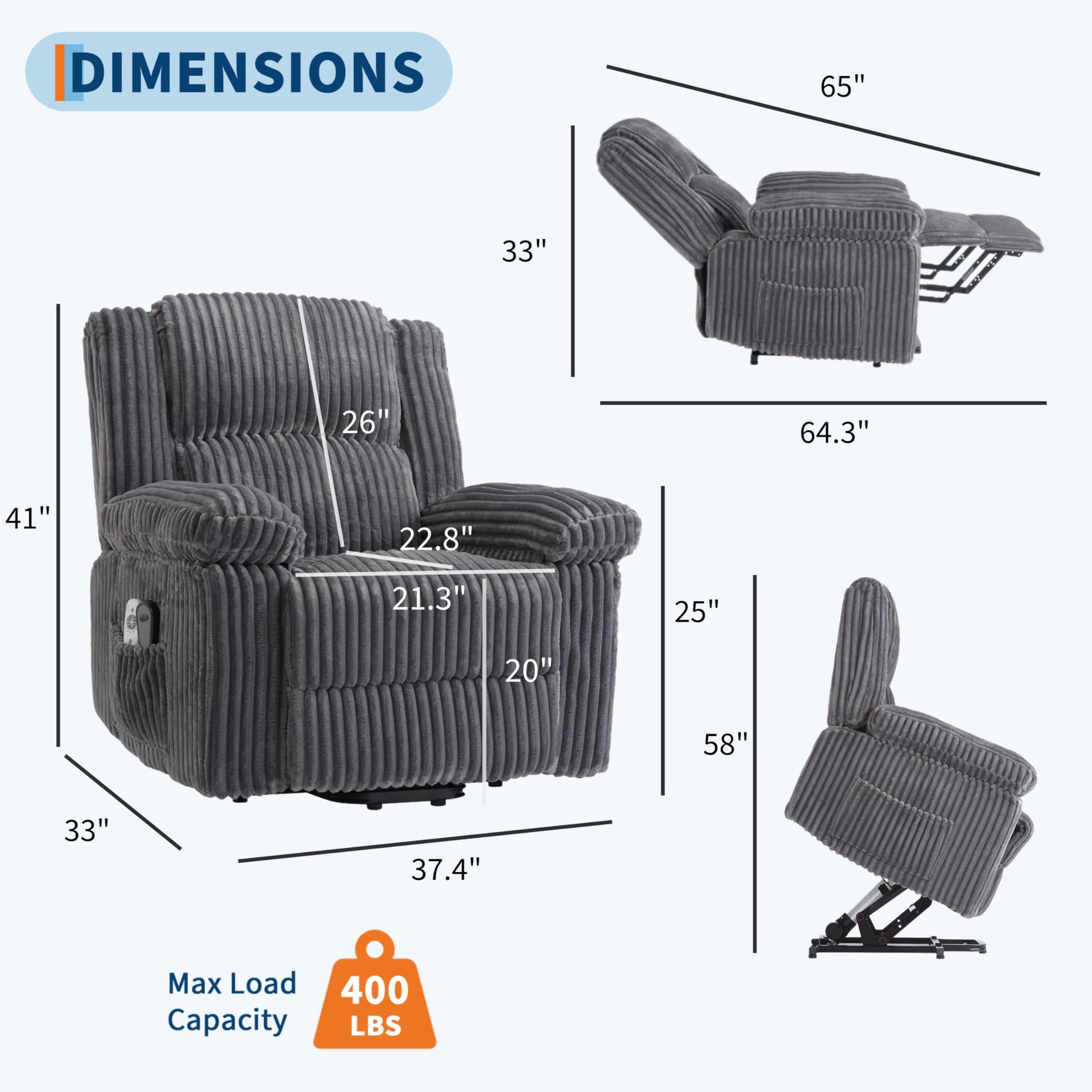 Garvee Electric Power Lift Recliner Chair Sofa with Massage and Heat,4 Positions,Side Pockets,Dark Gray