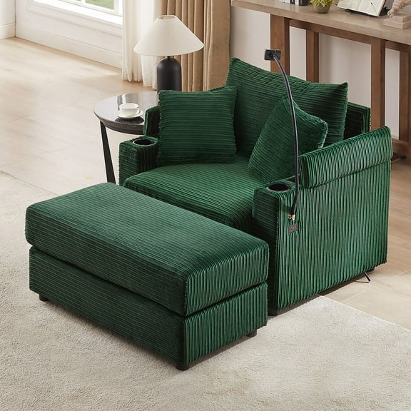 41.7" Corduroy Single Sofa Chair with Movable Ottoman, Storage Armrests, USB Ports & Cup Holders,Green