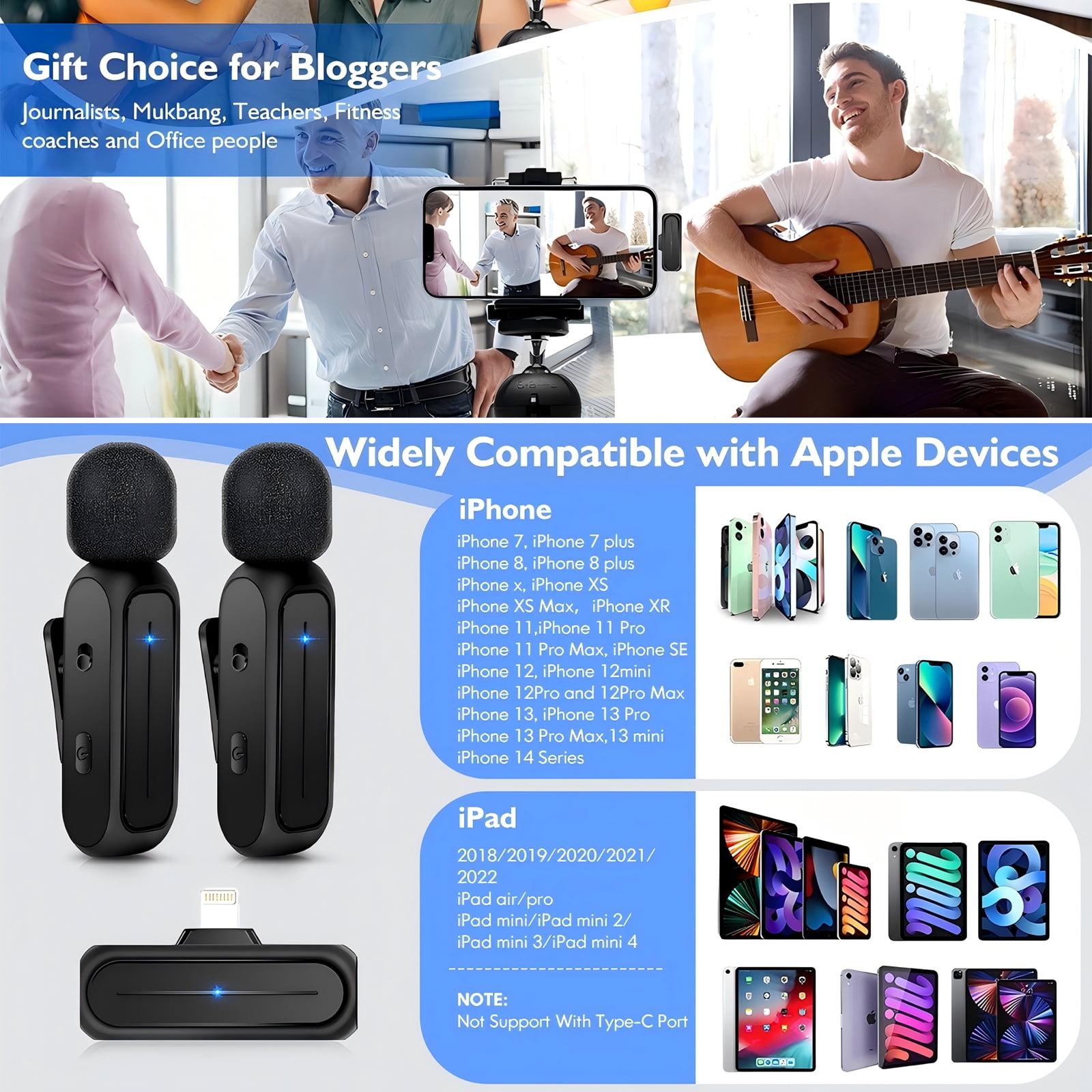 RONY Plug-Play Wireless Lavalier Microphone for iPhone iPad, Noise-Cancelling Mini Lapel Mics with the Charging Case