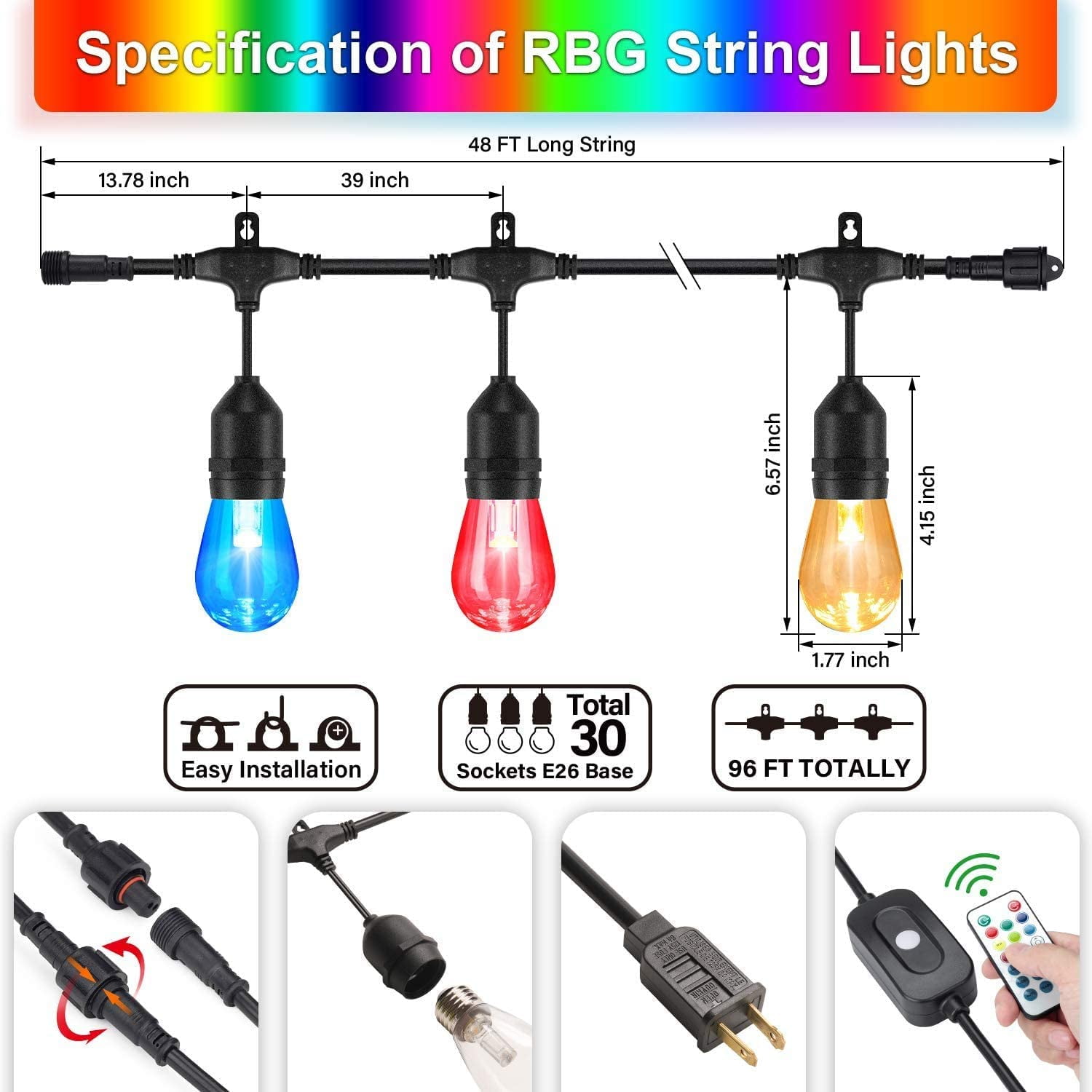2-Pack 48FT Outdoor RGB String Lights Cafe LED String Light with 30+5 E26 Sha... 