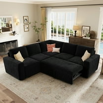Marrber 84” Convertible Sectional Sleeper Sofa with Pull-Out Sofa Bed, L-Shaped Corner Sofa with Reversible Chaise and Hidden Storage, Pet-friendly Plush Corduroy for Living Room, Black