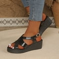 thumbnail image 3 of Rokment Women's Metallic Platform Wedge Sandals Vintage Comfortable Leather Open Toe Chunky High Heel Gladiator Walking Dress Sandal Beach Casual Dress Summer Shoes Black Size 6, 3 of 7