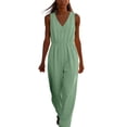 thumbnail image 2 of ClodeEU Women's V Neck Sleeveless Drawstring Waist Wide Leg Jumpsuit, Casual Loose Romper with Pockets Green,Women's Plus L, 2 of 6