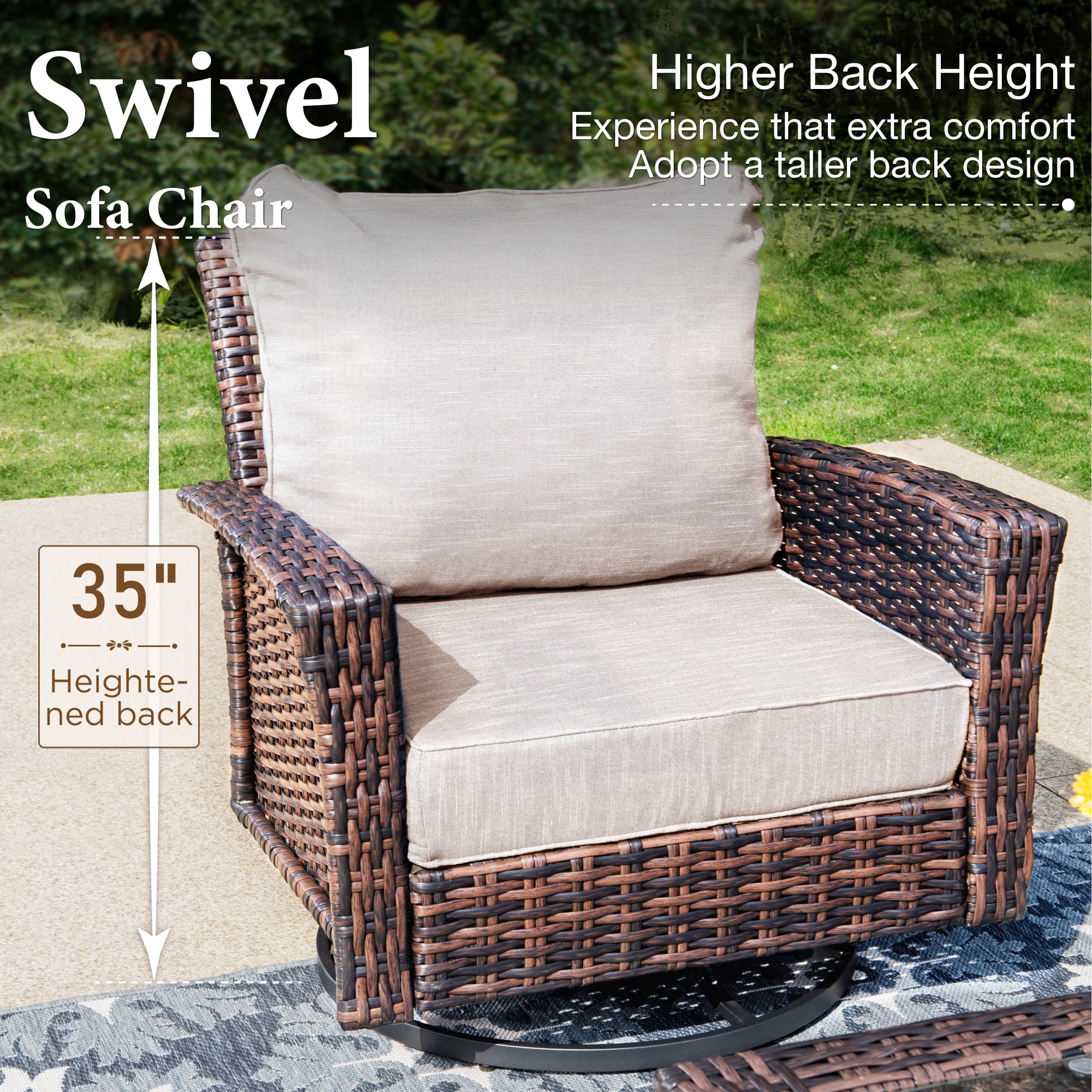 SUMMIT LIVING 7-Seat Wicker Patio Furniture Set with 2 Swivel Chairs & 3-Seat Sofa with 2 Ottoman, Outdoor Sectional Conversation Set for Garden, Beige