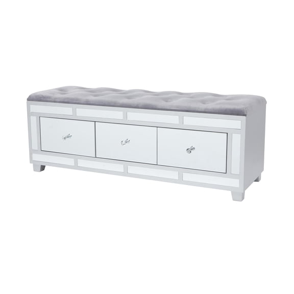 DecMode Velvet Mirrored 3 Drawer Storage Bench with Upholstered Seat, Gray