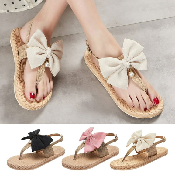 Cethrio Womens Summer Flats Sandals- 2025 Wide Width Flat Flip Flops Bow Pink Dressy Sandals/ Slides Size 5.5