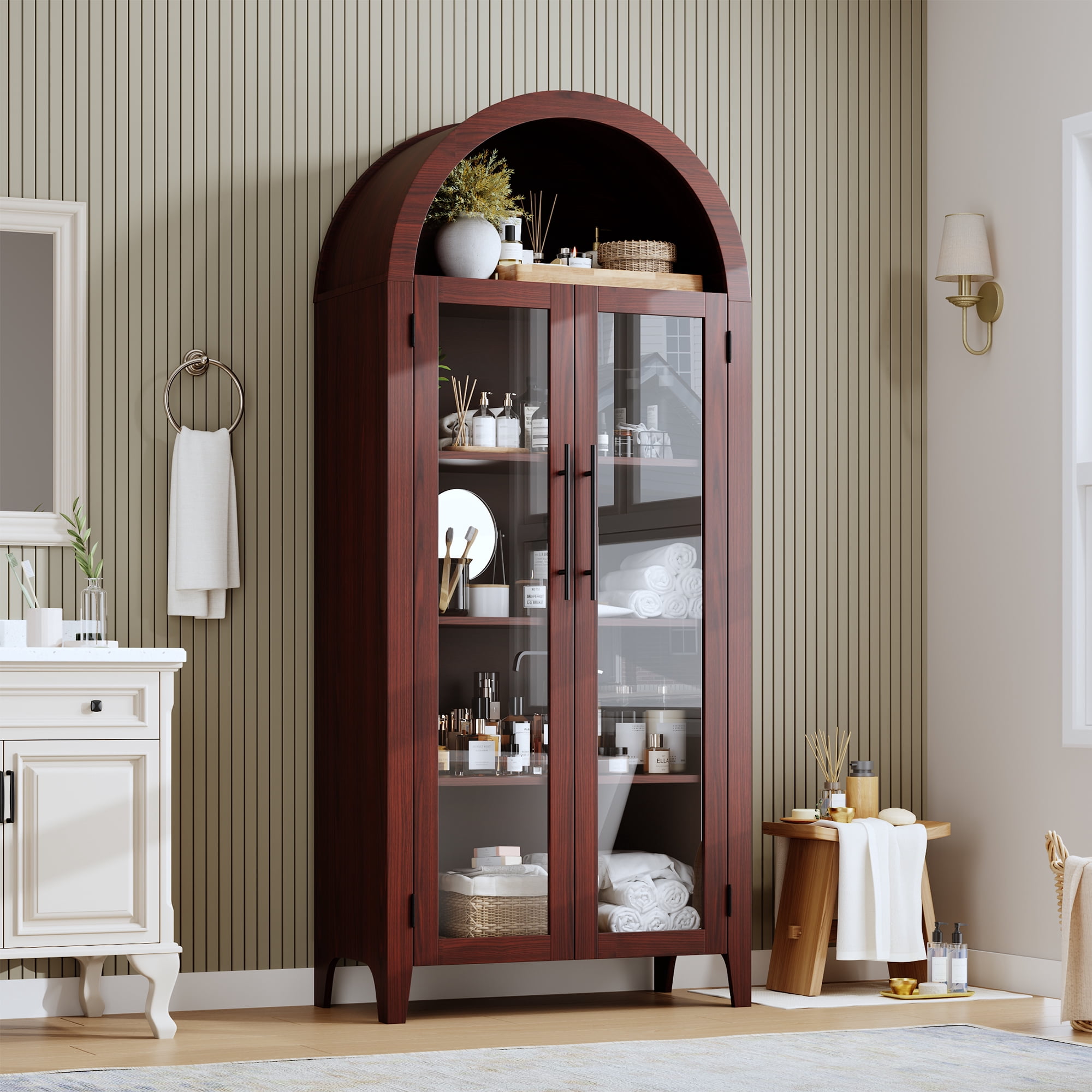 5-Tier Arched Bookcase, Bookshelf with Glass Door, Display Cabinet with Adjustable Shelves, Tall Storage Cabinet for Living Room, Modern Bookcase for Bedroom/Living Room/Home Office