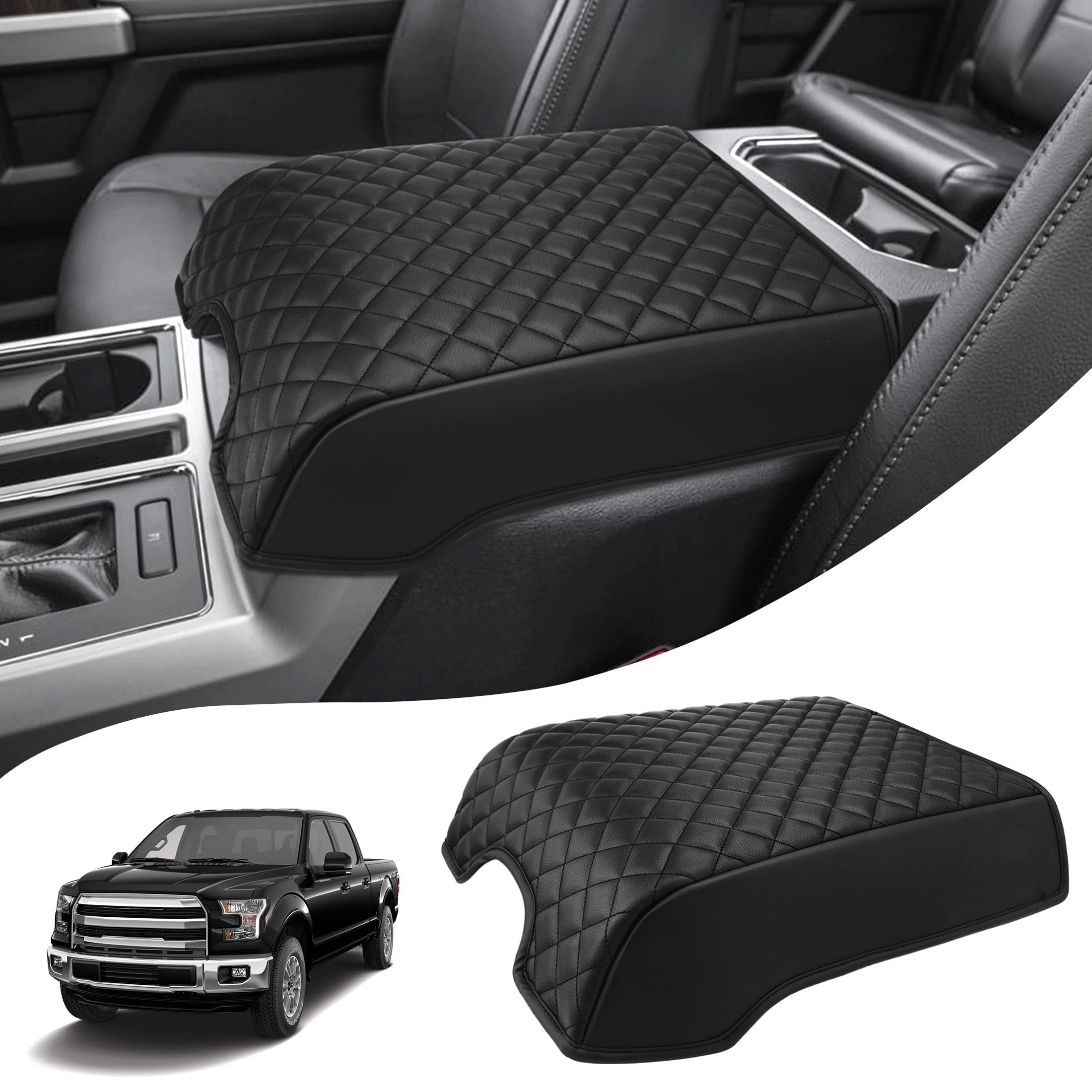 KBH Ford Center Console Cover for 2015-2020 F150 Accessories, 2017-2022 F250-F550/2018-2024 Expedition, Black Leather Middle Console Cover Cushion Pad for Truck Interior (Bucket Seat)
