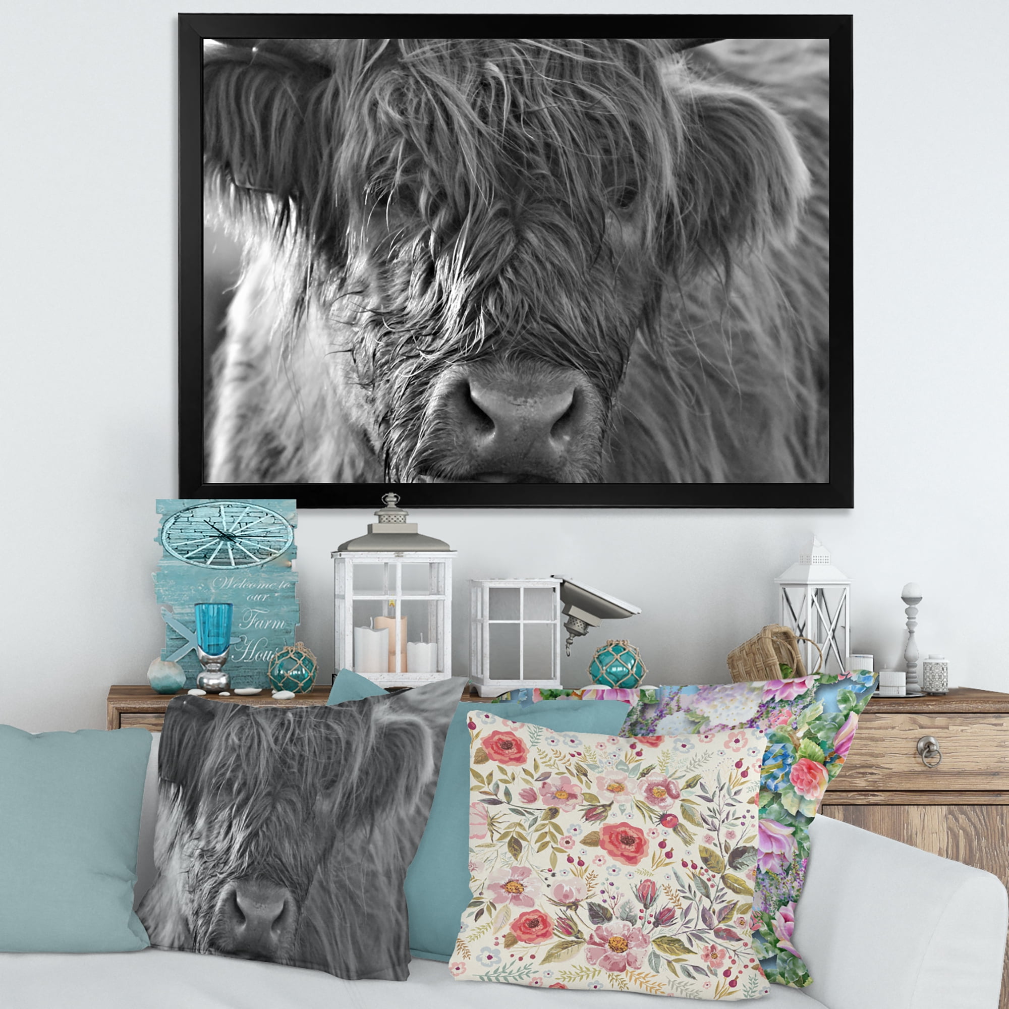 Designart 'Close Up Scottish Highland Cows Living On Moorland' Farmhouse Framed Art Print