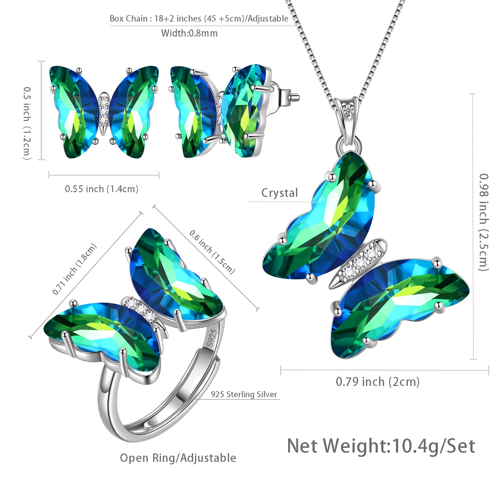 Green Butterfly Jewelry Sets Earrings Necklace Ring, May Birthstone Jewelry Set Emerald Sterling Silver Women Birthday Mother's Day Gifts