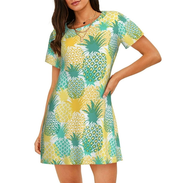 Fotbe Pineapples1 Bata de Dormir para Mujer con Estampado, Camisón de Algodón de Manga Corta, Ropa de Dormir Casual