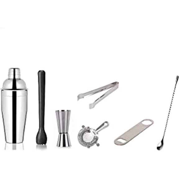 SynSpiritStore Stainless Steel 7 Pcs Bartender Martini Kit Set - Teardrop Bar Spoon, Cocktail Shaker 750 ml, Tall peg Measure 30/60 ml, Black PVC Muddler, Ice Tong, Cocktail Strainer, Bottle Opener
