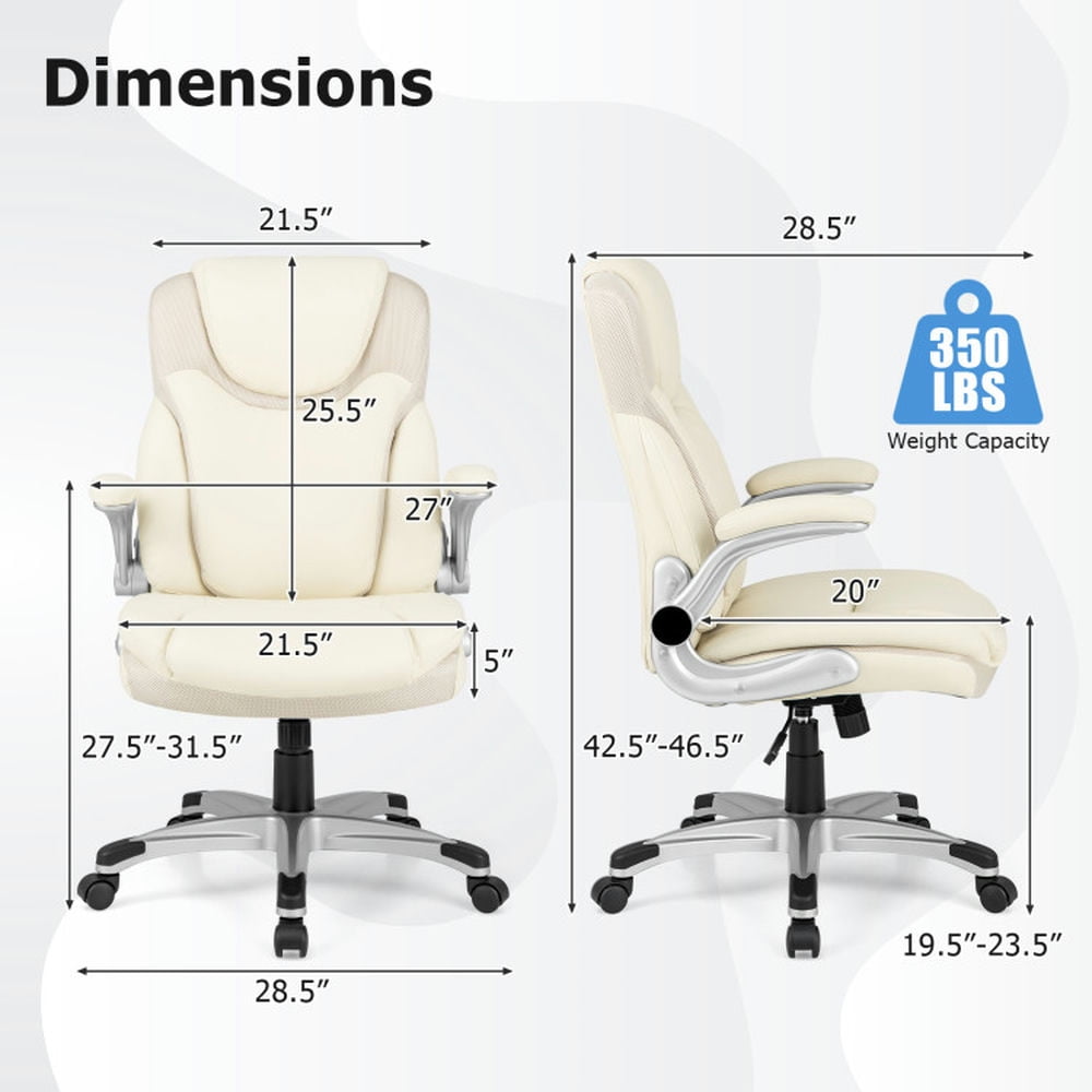 Demi Bonn Ergonomic Office PU Leather Executive Chair with Flip-up Armrests and Rocking Function, for Home, Bedroom, Study, White