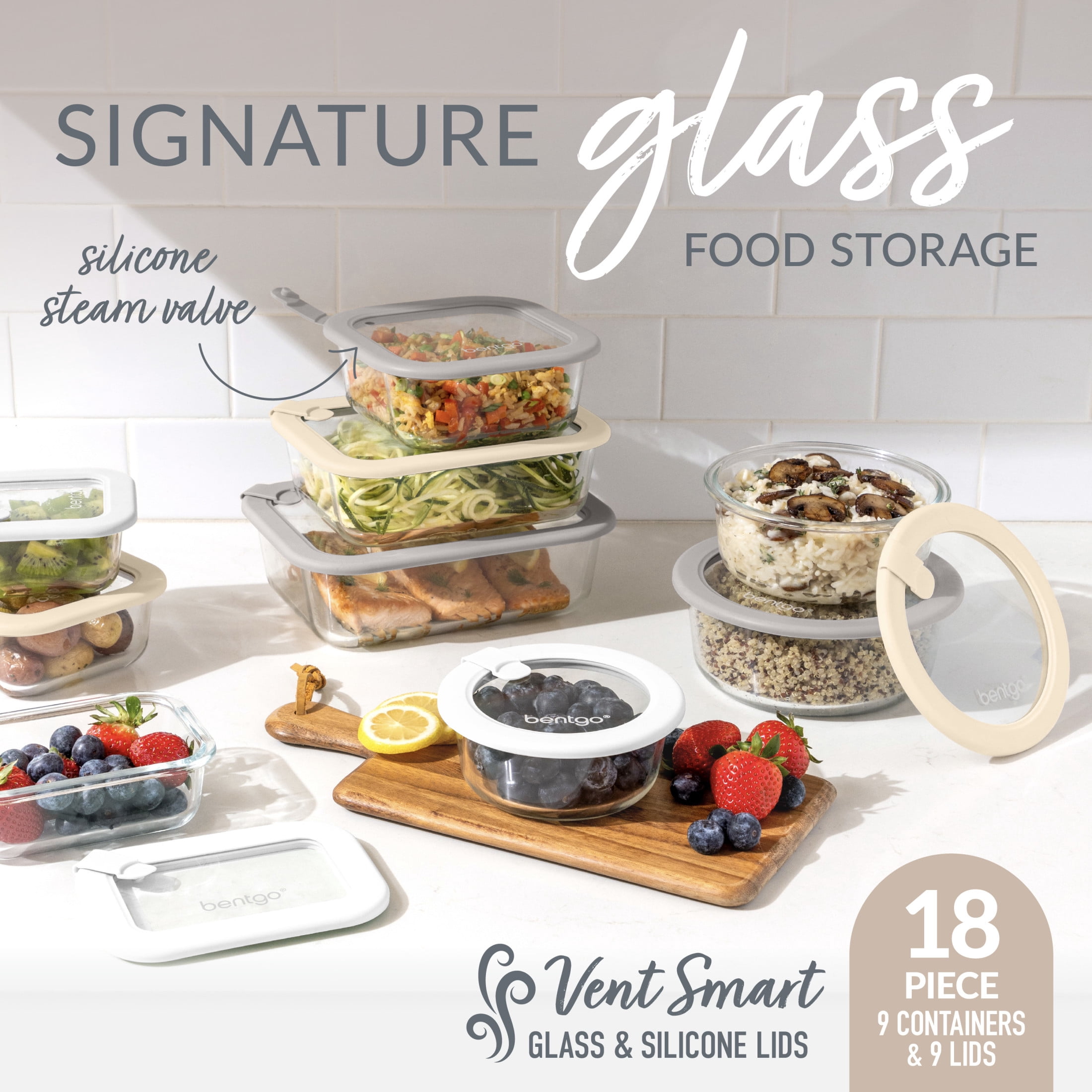 Bentgo Signature Leak-Proof Glass Food Storage - 18-Piece Set, 1-Compartment Plastic-Free Containers with Airtight Glass Lids, BPA-Free, Microwave, Freezer, Oven & Dishwasher Safe (White Stone)