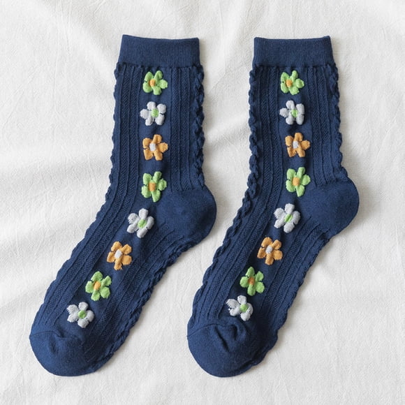 Hamky Chaussettes pour Femmes, Chaussettes en Coton, Mode Rétro Style Académique Fleur Adorable Chaussettes Mi-Mollet en Coton, Chaussettes Mignonnes, Chaussettes à la Cheville Marine