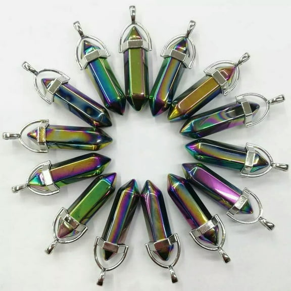 HOOUN 50PC Pendants Charm Hexagonal Crystal Pillar Healing Reiki Chakra Colorful Glass