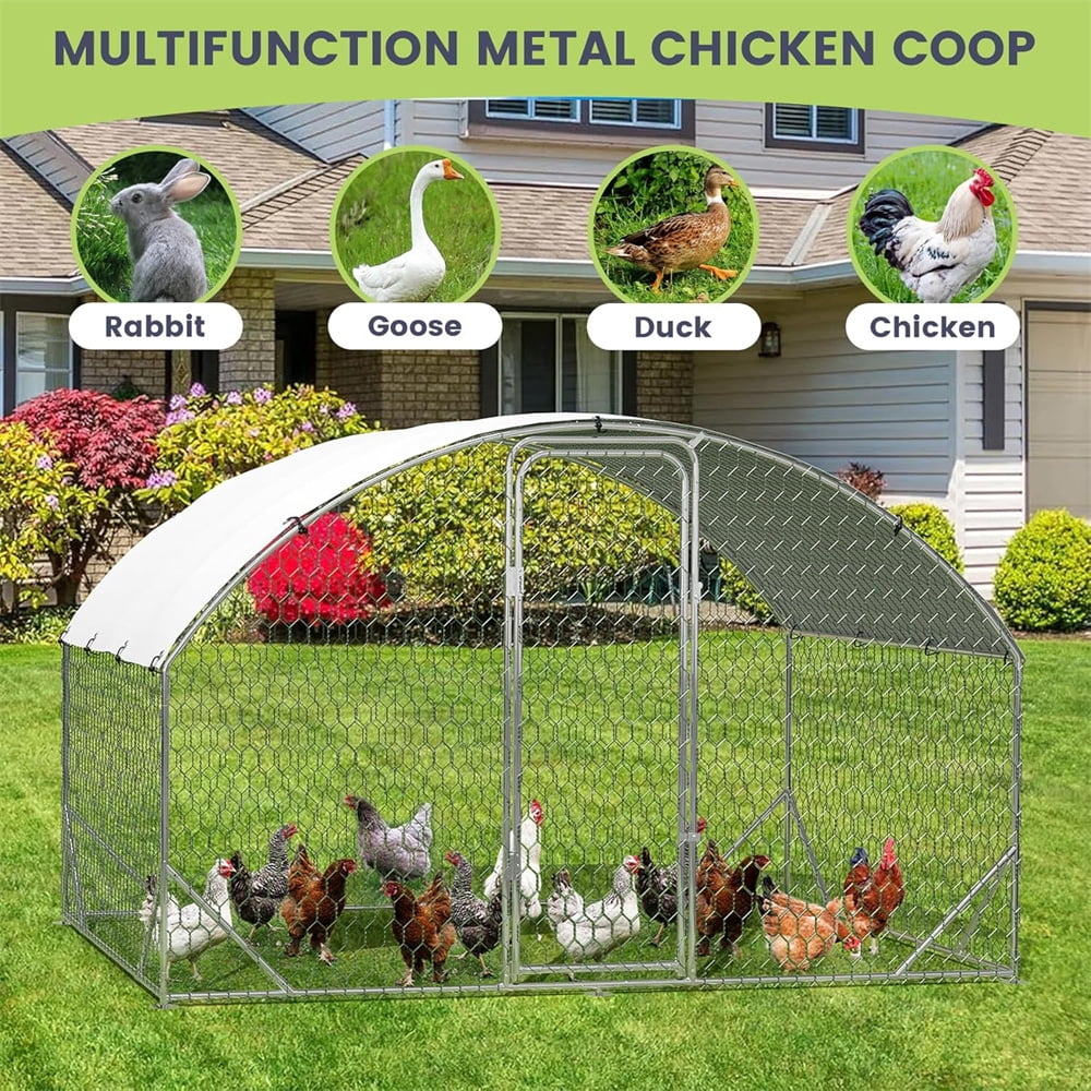 Large Metal Chicken Coop with Stiffener, Walk in Poultry Cage Chicken Run Pen with Waterproof Oxford Roof & PVC Hex Mesh Fencing for Chickens, Ducks, Rabbits, Quails