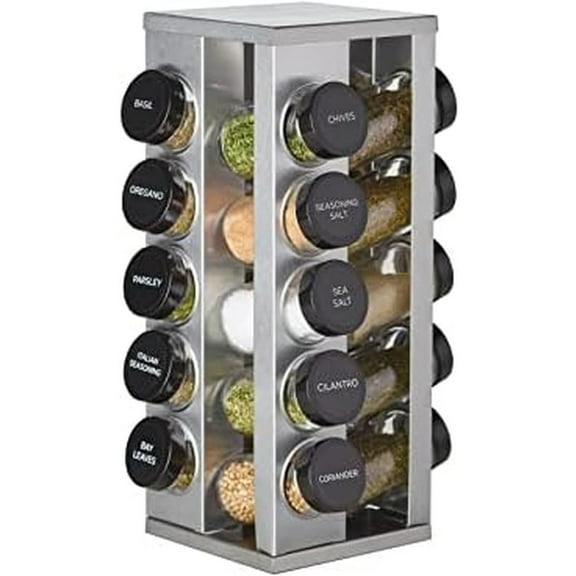 20 Jar Revolving Countertop Spice Rack Organizer with Spices Included, FREE Spice Refills for 5 years, Brushed Stainless Steel with Black Caps