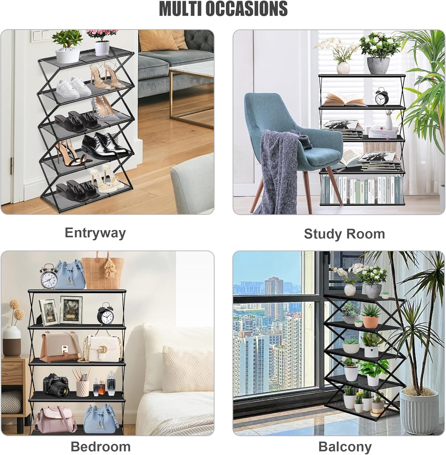 5-Tier Foldable Shoe Rack Without Assembly, Metal Collapsible Shoe Organizer for Entryway, Living Room, Hallway, Black