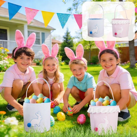 AZXY Medium Size Easter Bunny Gift Bag with Handle, 8.86" x 9.06" Cloth Round Tote Bag with White Bunny & Pink 3D Tail for Kids Easter Egg Hunt Party Gift Storage Shopping Basket Reusable