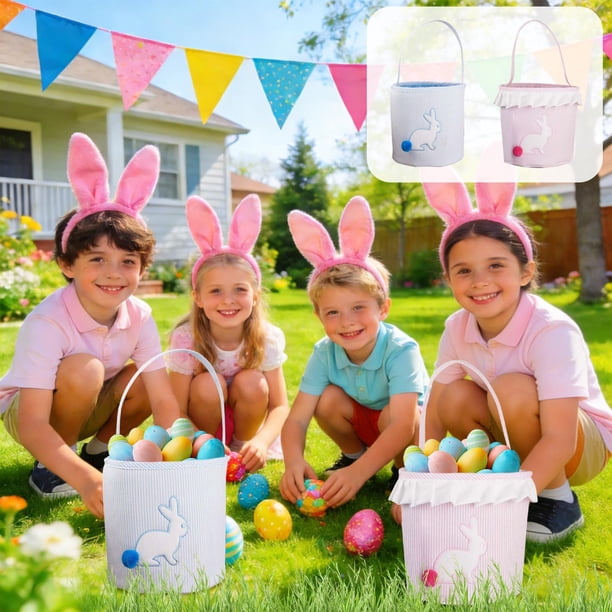 Bolsa de almacenamiento para conejos de Pascua - Cesta de tela rosa o azul con asas para búsquedas de huevos y decoración navideña, 9x9 pulgadas
