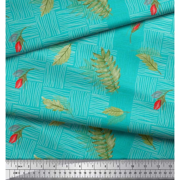Soimoi Tissu en Coton Vert Canard Rose Bourgeon & Feuilles Tissu Imprimé au Mètre 56 Pouces de Large
