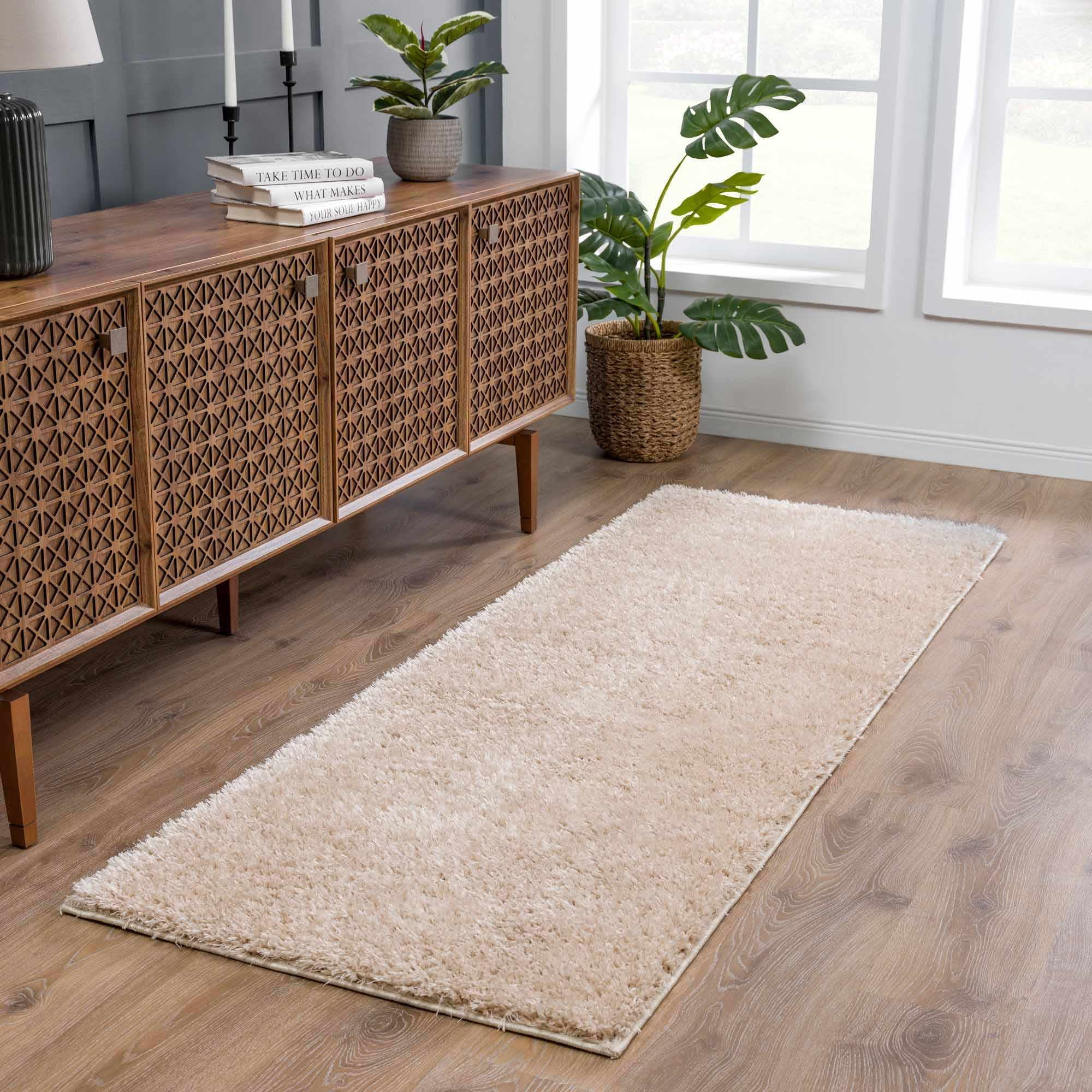 Hauteloom Faina Machine Washable Solid Shag Rug - Plain Living Room Bedroom Shaggy Area Rug - Fluffy Plush High Pile Carpet - Beige, Light Brown - 4' x 5'7"