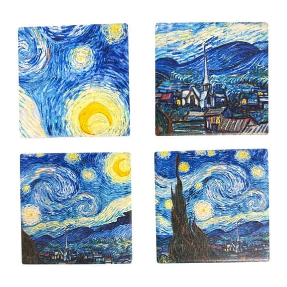 Van Gogh Starry Night Ceramic Coasters Set of 4 by Accent RainCaper – 4x4 Inch Absorbent Cork Back Drink Coasters