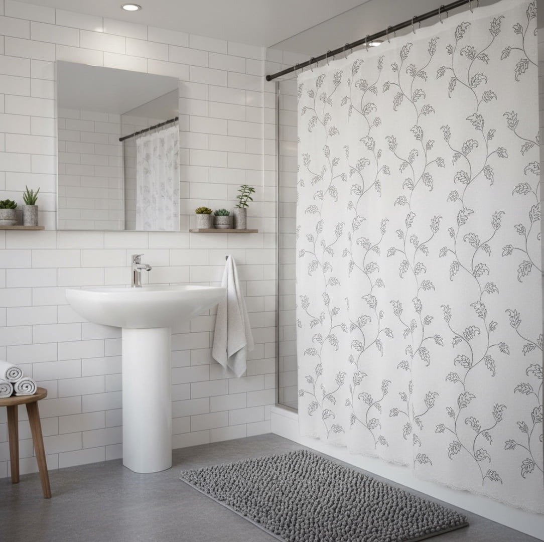 Serafina Home Decorative Sheer Fabric Shower Curtain: Gray and White Embroidered Leaves with Metallic Threading