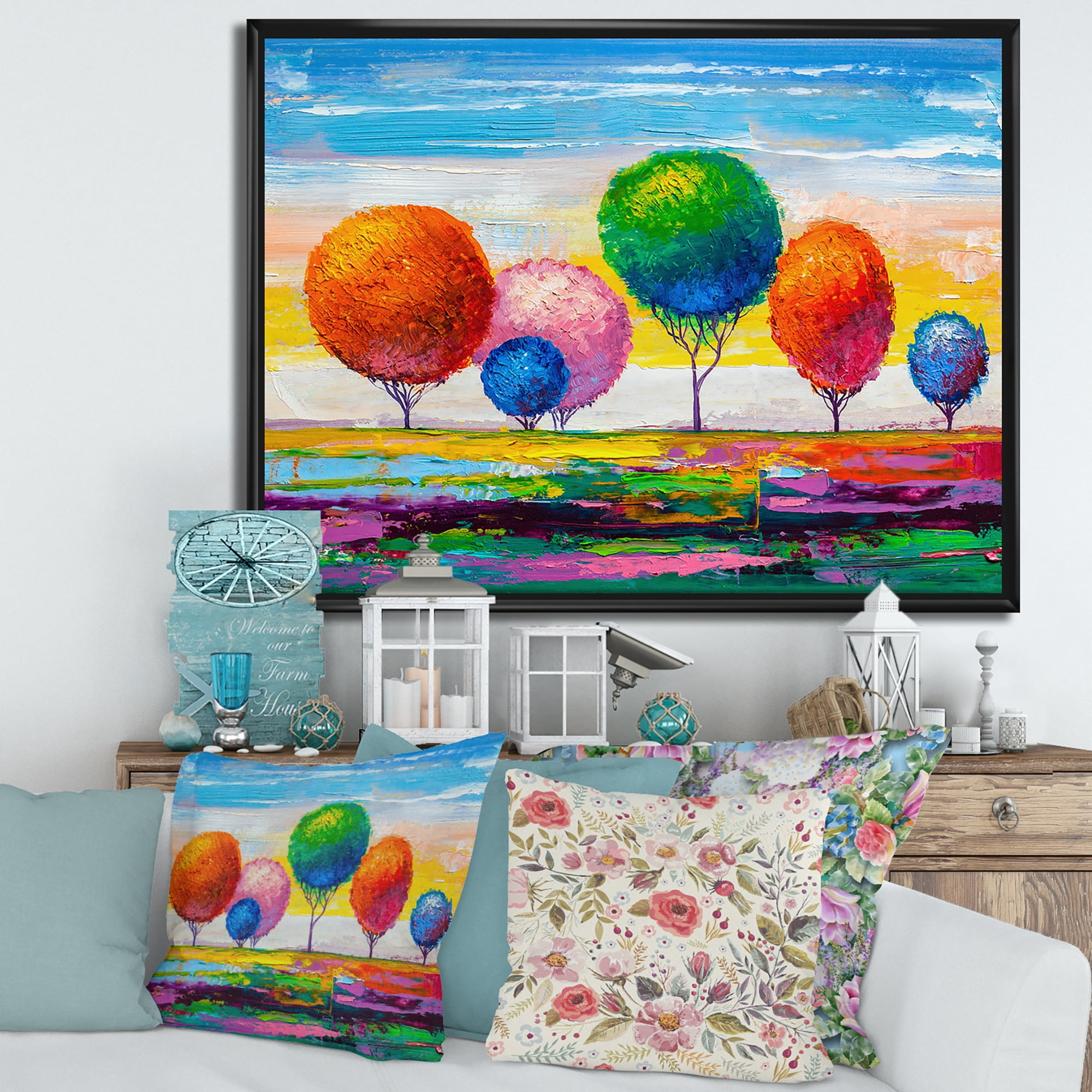 Designart 'Ornamental Colourful Trees VI' Modern Framed Canvas Wall Art Print