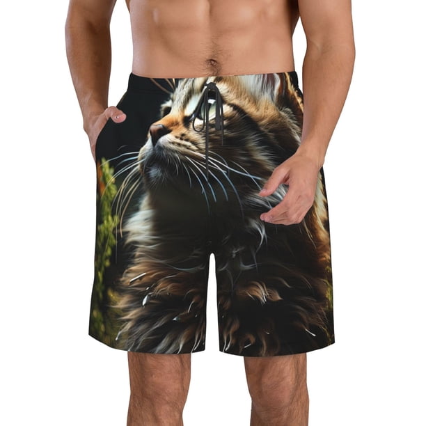 Fotbe Realistic Style Cute Cat Trajes de Baño Estampados para Hombre, Shorts de Verano de Secado Rápido, Ropa de Playa, Bañadores-Large