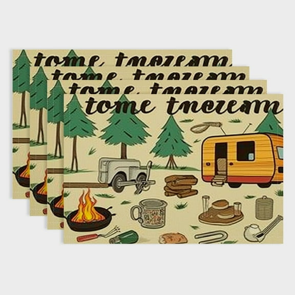 BCIIG Camping Placemats for Kitchen Dining Table Set of 4 Camp Bonfire, Vintage Lantern, Enamel Mug, Camper Van, Matchbox Linen Washable Heat Resistant Place Mats 18x12in