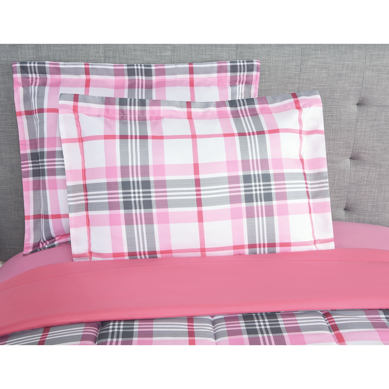 Mainstays Pink Plaid 8 Piece Bed in a Bag Comforter Set With Sheets, King