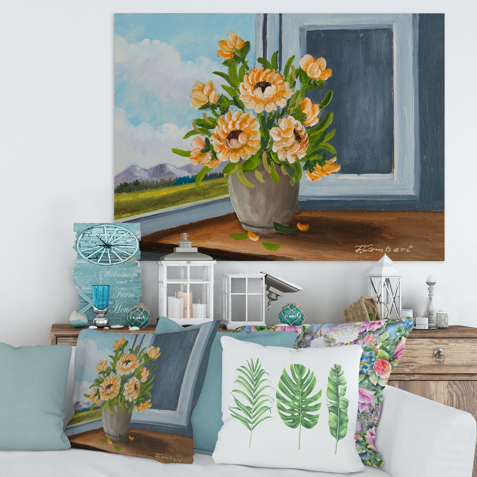 Designart ' Still Life With Orange Flowers In Vase At The Window ' Traditional Canvas Wall Art Print