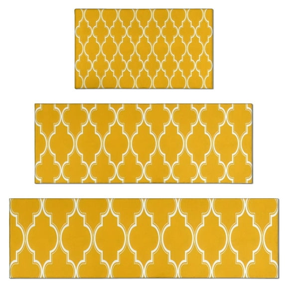 Yellow Geometric Quatrefoil Pattern Kitchen Rugs Sets Of 3,Kitchen Runner Rugs Non Skid Washable,Decorative Kitchen Floor Mats for Kitchen,Sink,Laundry,17"x30"  17"x47"   17"x59"